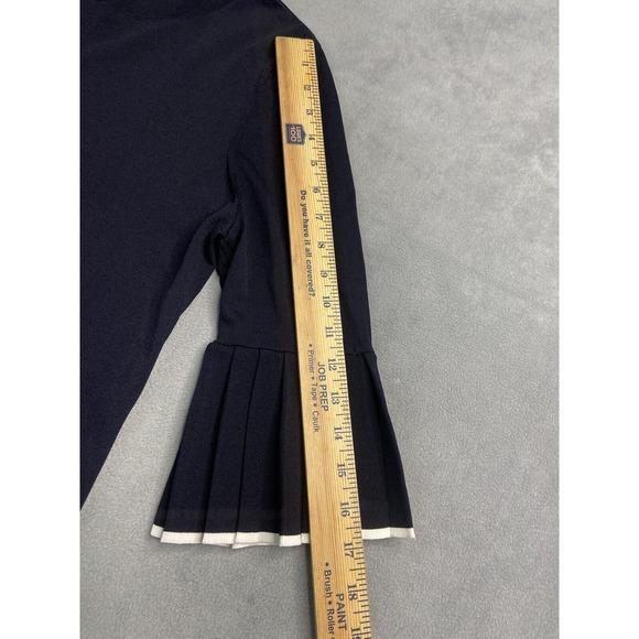 COS Top Pullover Women Medium Navy Knit Pleated Bell Sleeve White Trim Preppy - Picture 8 of 8